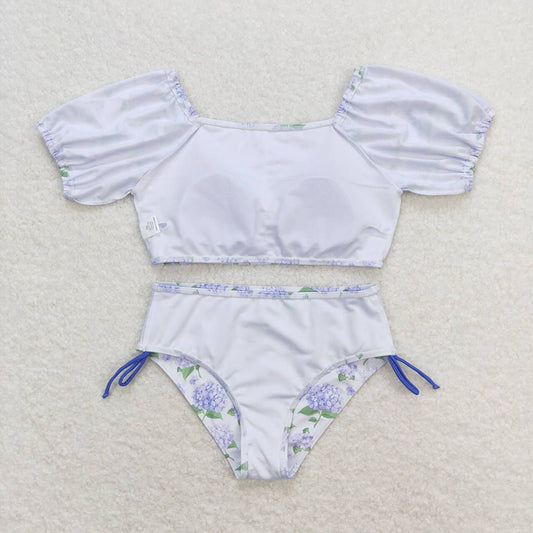 Baby Girls Summer Lavender Flowers Branches Top Ruffle Bummie Swimsuits