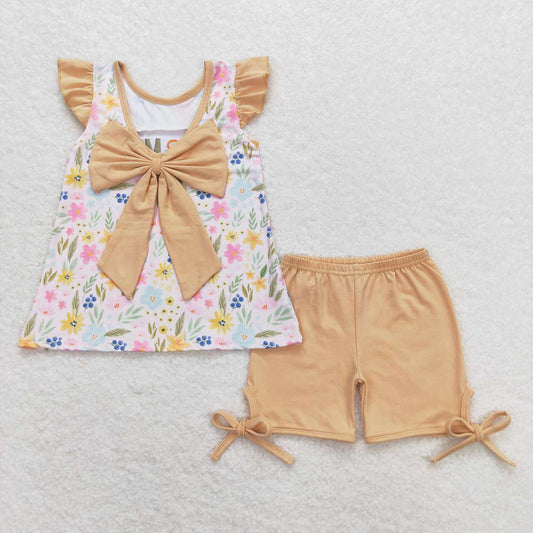 Baby Girls I Love Mom Floral Bow Ruffle Tunic Top Shorts Clothes Sets