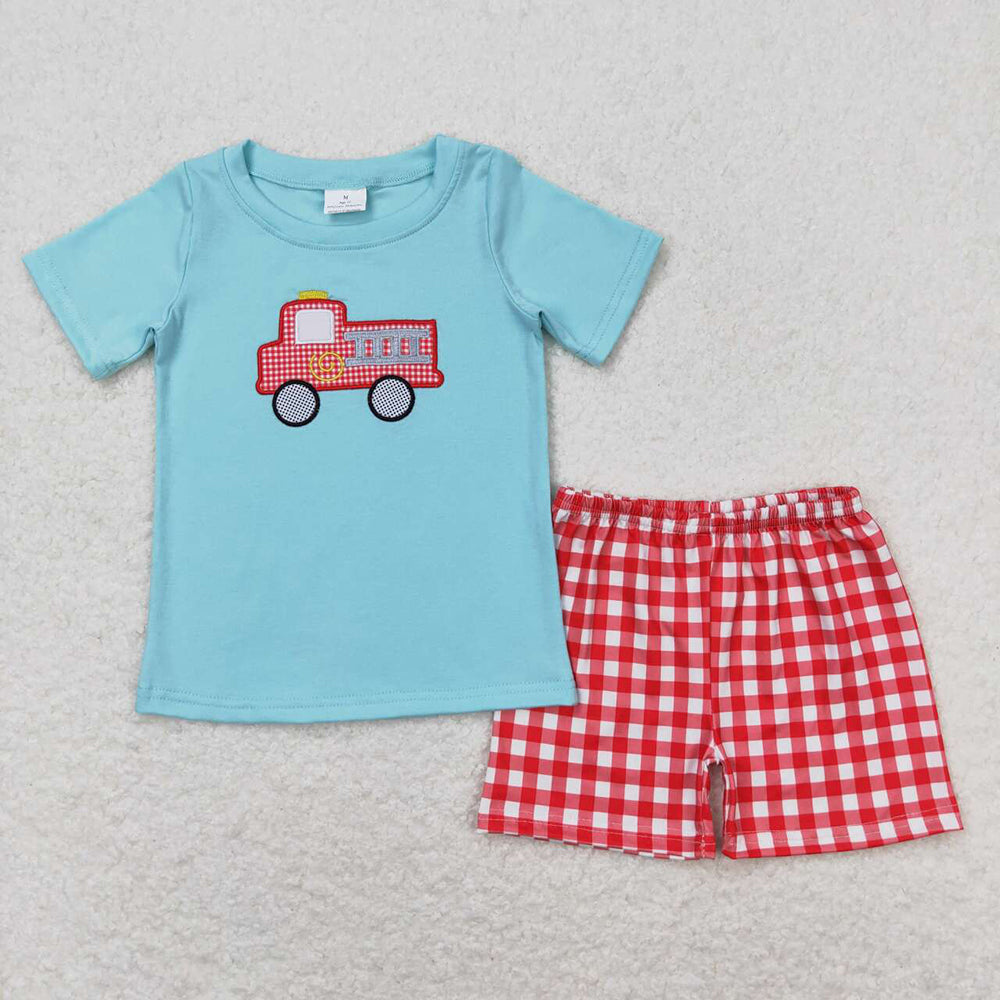 Baby Boys Fire Truck Shirt Top Checkered Shorts Clothes Sets