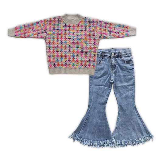 Baby Girls 2pcs Pink Colorful Fall Long Sleeve Sweaters Denim Pants Sets