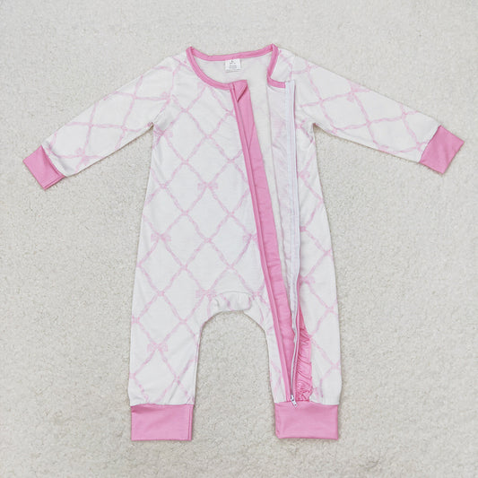 Baby Girls Pink Bows Zip Ruffle Long Sleeve Bamboo Rompers