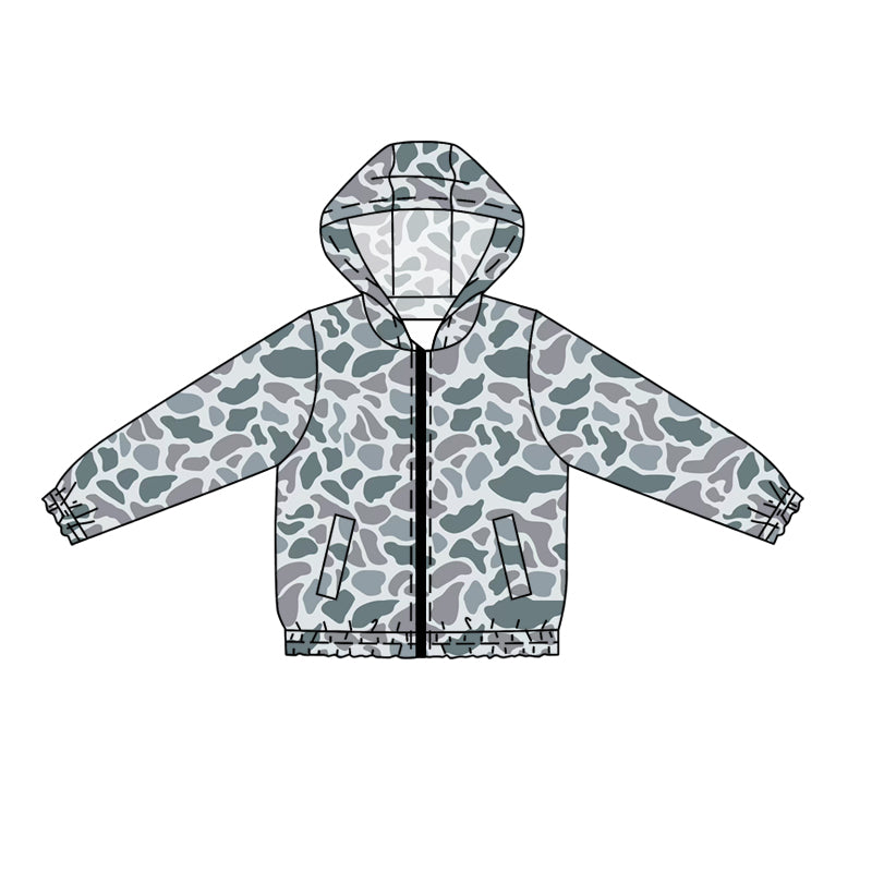 Preorder (moq 5)Baby Boys Long Sleeves Gray Blue Camo Zipper Pockets Hoodies Cardigan Jackets Top