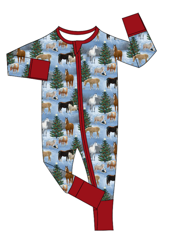 Preorder (moq 5)Baby Infant Toddler Western Horse Christmas Zipper Footie Rompers