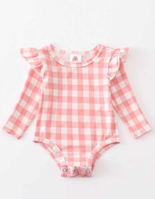 Baby Girls Pink Checkered Long Sleeve Rompers preorder(moq 5)