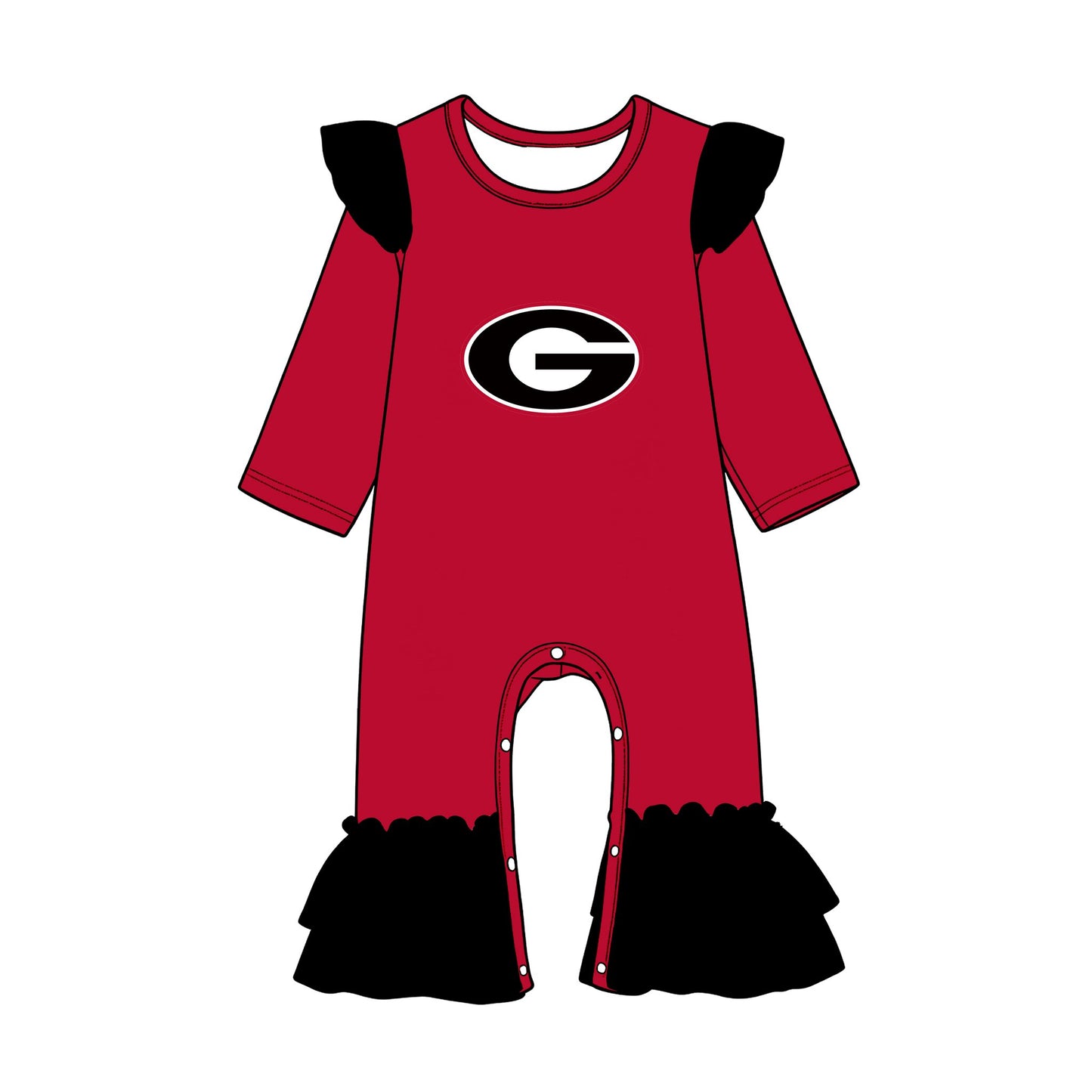 Preorder (moq 5) Baby Girls Red Black Long Sleeve Georgia Team Ruffle Pant Rompers