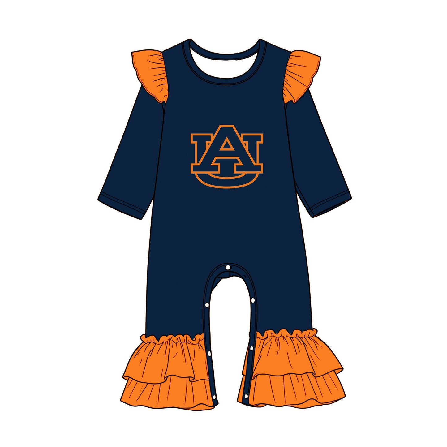Preorder (moq 5) Baby Girls Navy Orange Long Sleeve Auburn Team Ruffle Pant Rompers