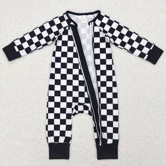 Baby Infant Kids Black Checkered Long Sleeve Zip Sleepers Rompers