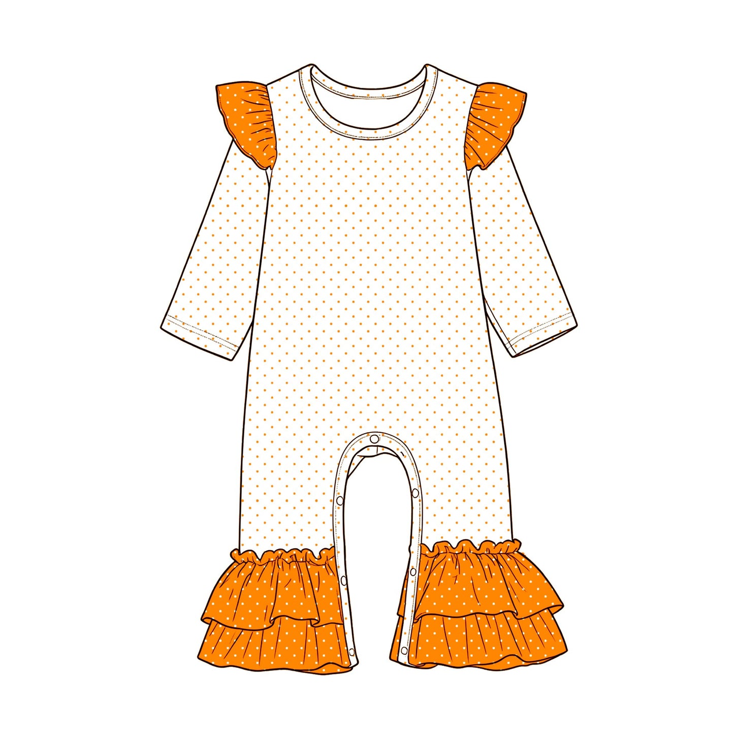 Preorder (moq 5) Baby Girls White Orange Long Sleeve Polka Dots Ruffle Pant Rompers