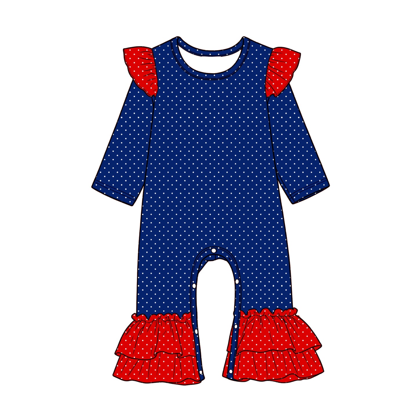 Preorder (moq 5) Baby Girls Red Navy Long Sleeve Polka Dots Ruffle Pant Rompers