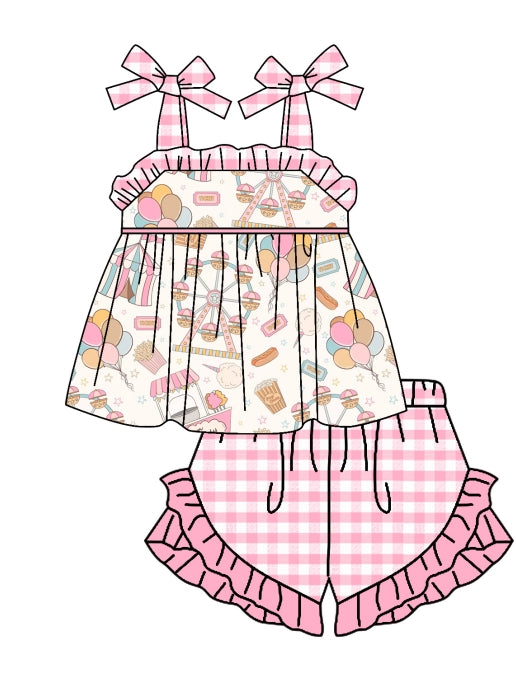 Baby Girls Pink Checkered Straps Festival Top Shorts Clothes Sets preorder (moq 5)