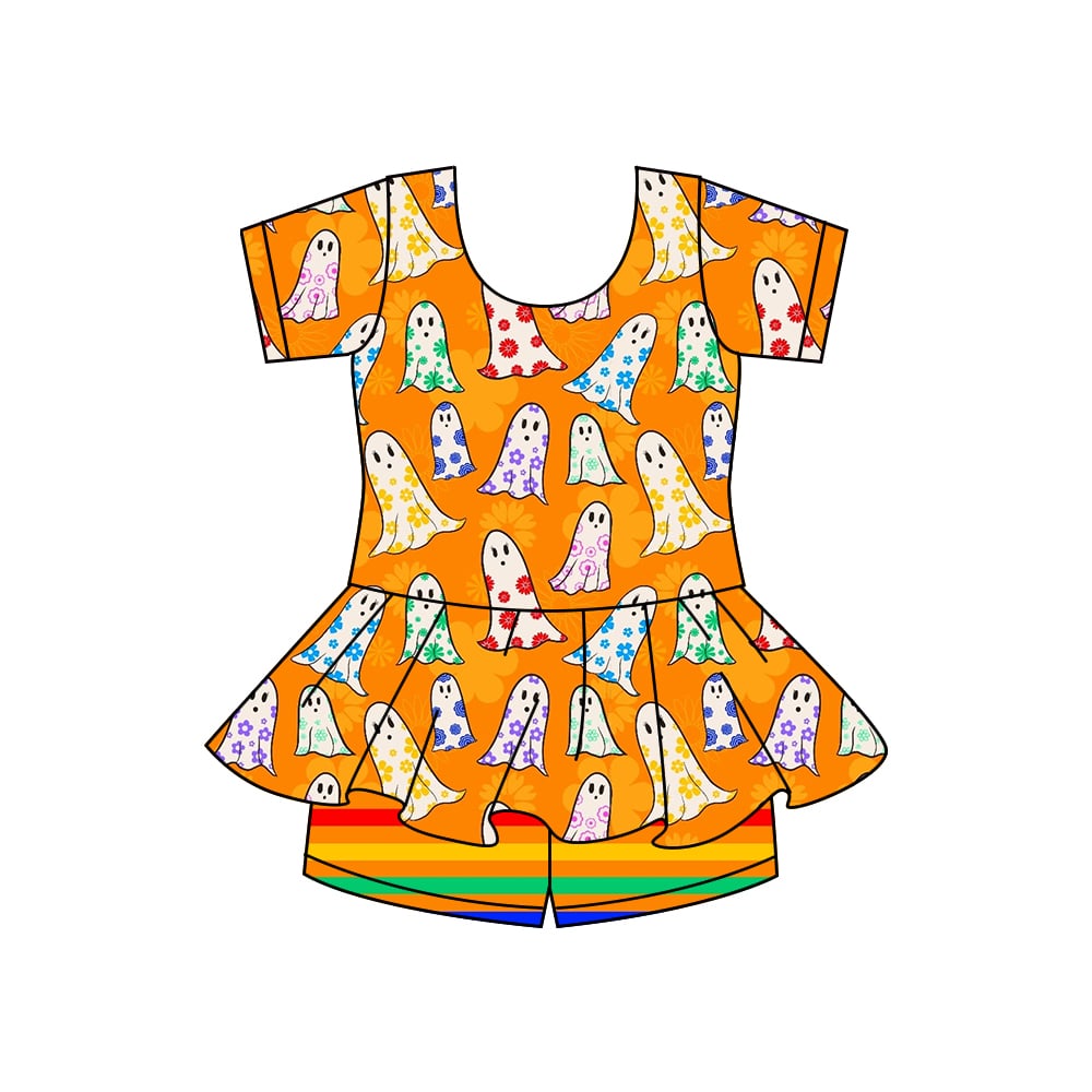 Preorder moq 5 Baby Girls Orange Flowers Ghost Short Sleeves Top Shorts Sets
