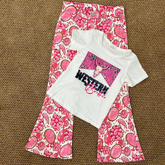 Baby Girls Western Doll Shirt Pink Bell Denim Pants Clothes Sets