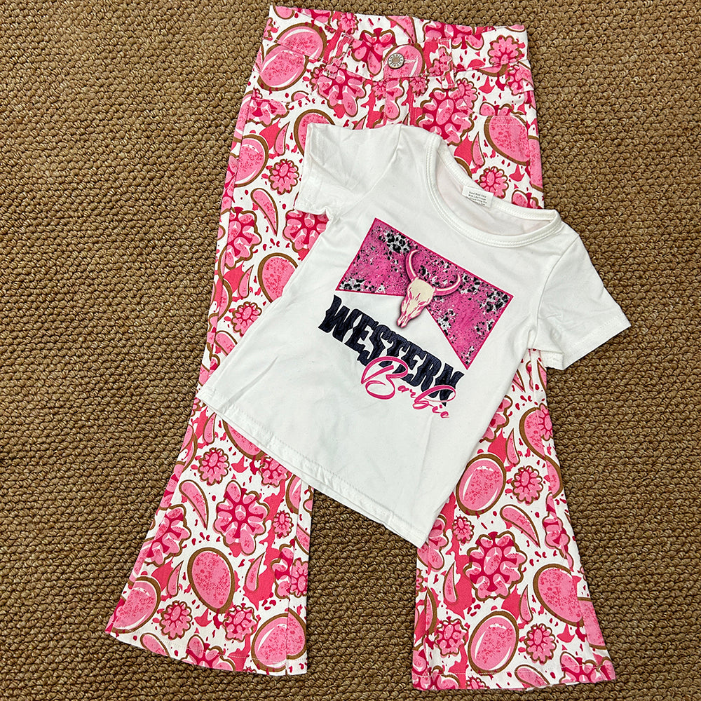 Baby Girls Western Doll Shirt Pink Bell Denim Pants Clothes Sets