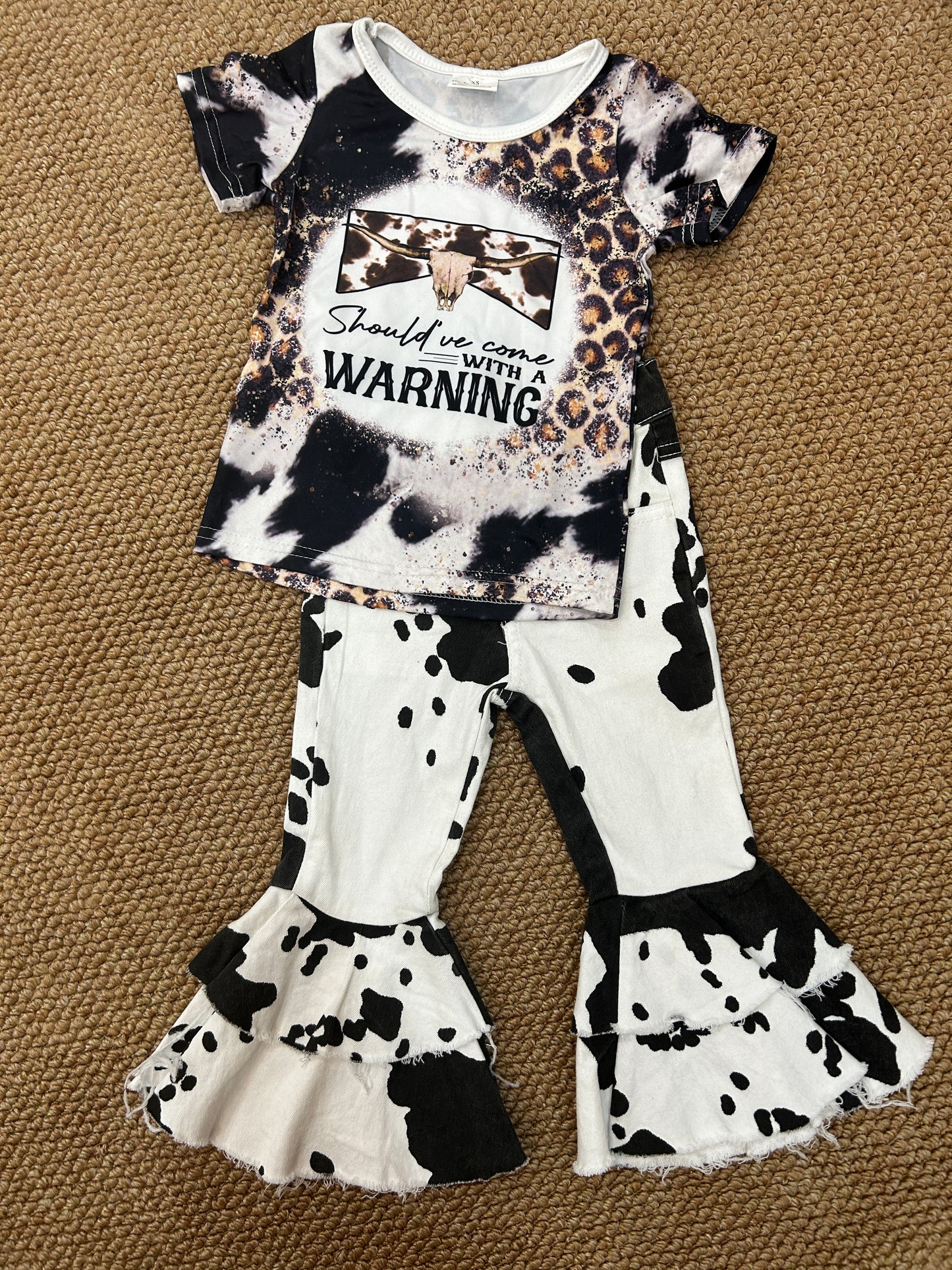 Baby Girls Western Cow Shirt Cow Hide Bell Denim Pants Clothes Sets
