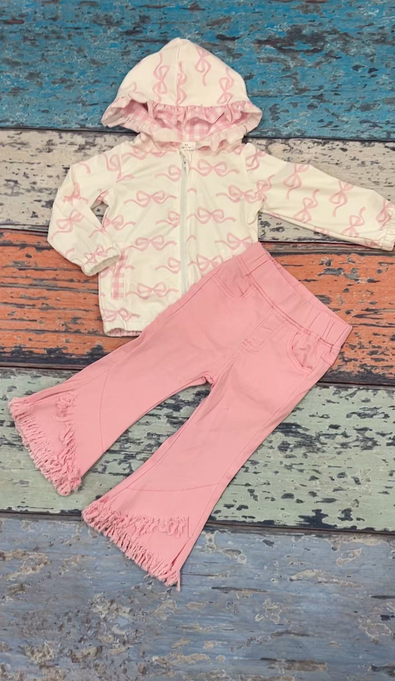 Baby Girls Spring Bows Pink Hooded Zip Pullovers Top Denim Jeans Clothes Sets