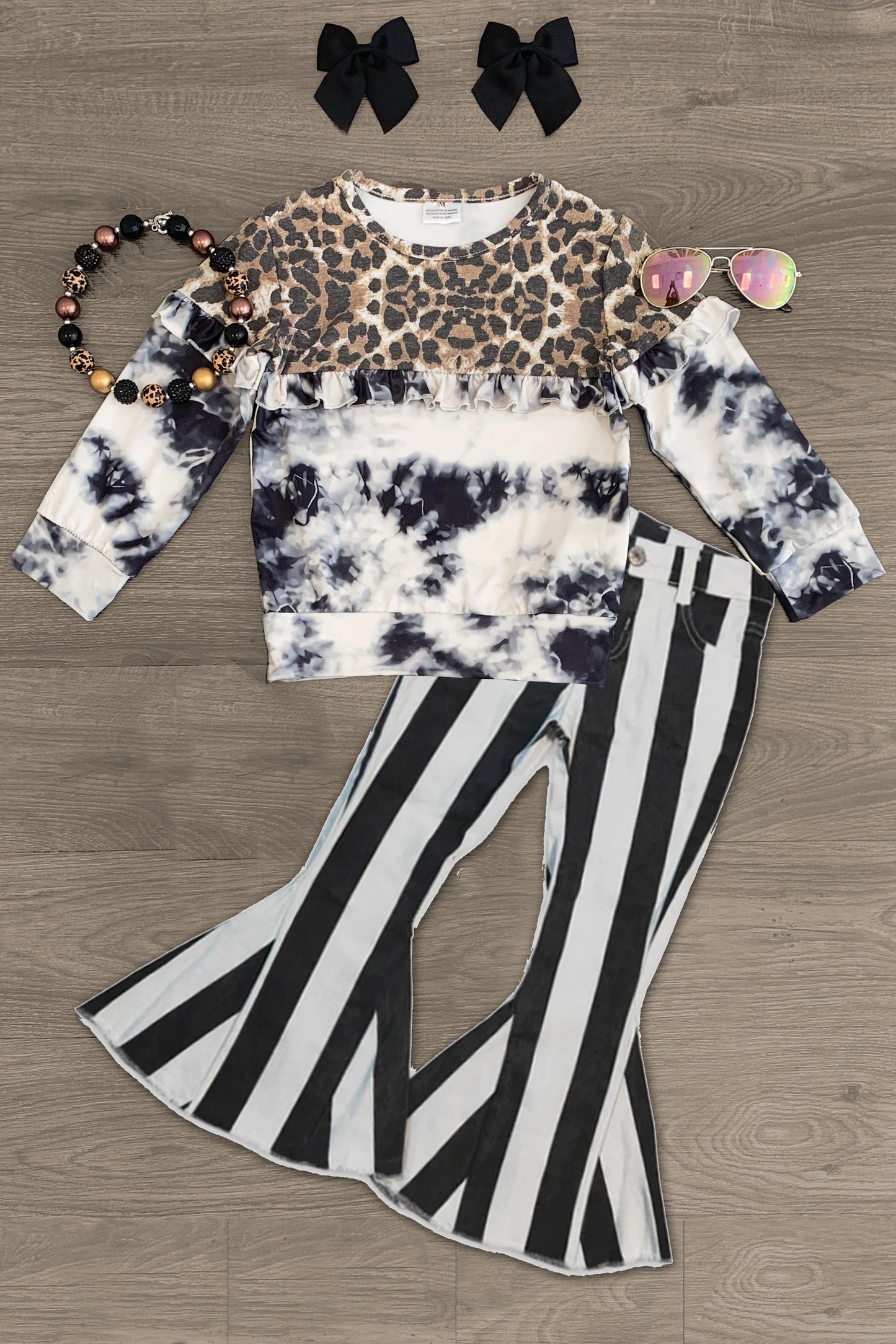 Baby Girls Leopard Tie Dye Long Sleeve Tee Shirts Tops Black Stripes denim pants sets preorder(moq 5)