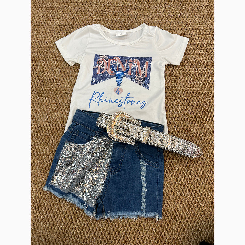 Baby Girls Rhinestones Shirt Top Sequin Denim Shorts Clothes Sets