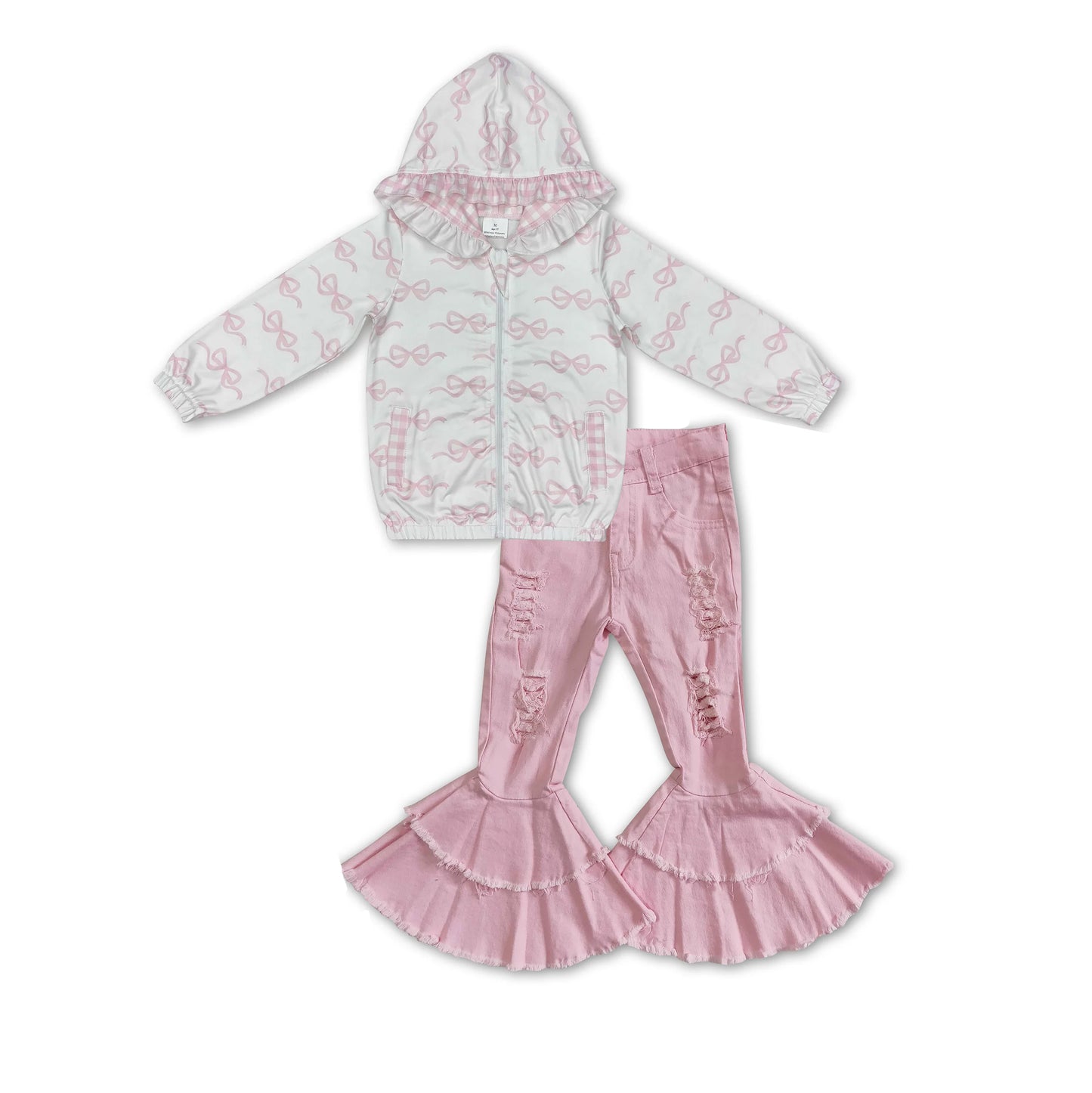 Baby Girls Spring Bows Pink Hooded Zip Pullovers Top Bell Denim Jeans Clothes Sets