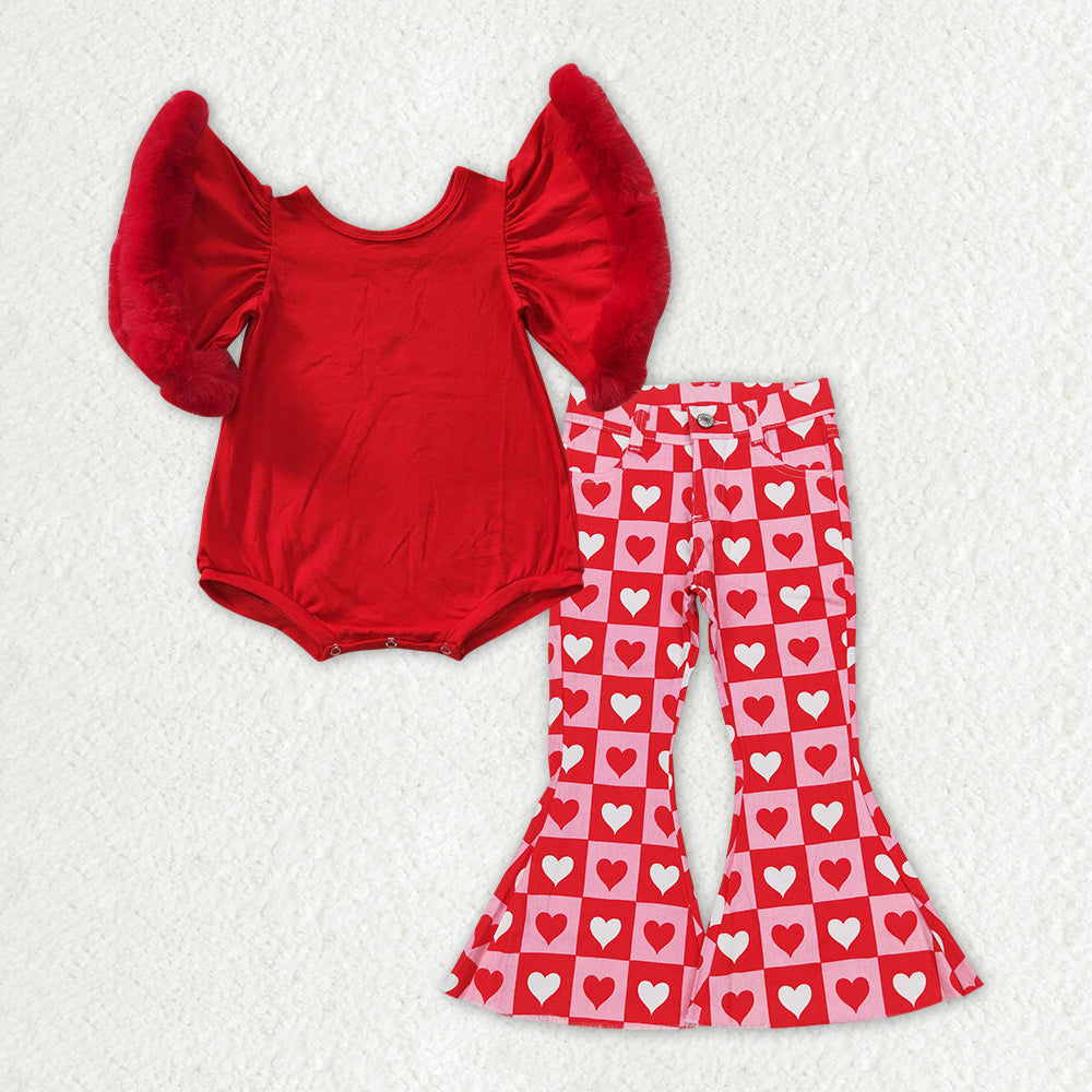 Baby Girls Red Velvet Valentines Hearts Denim Pants Clothes Sets