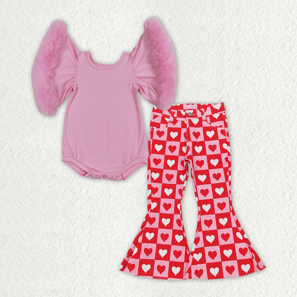 Baby Girls Pink Velvet Valentines Hearts Denim Pants Clothes Sets