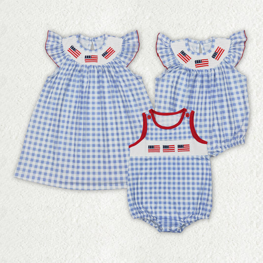 Smocked Sibling Boys Baby Girls 4th Of July Flags Rompers Dresses