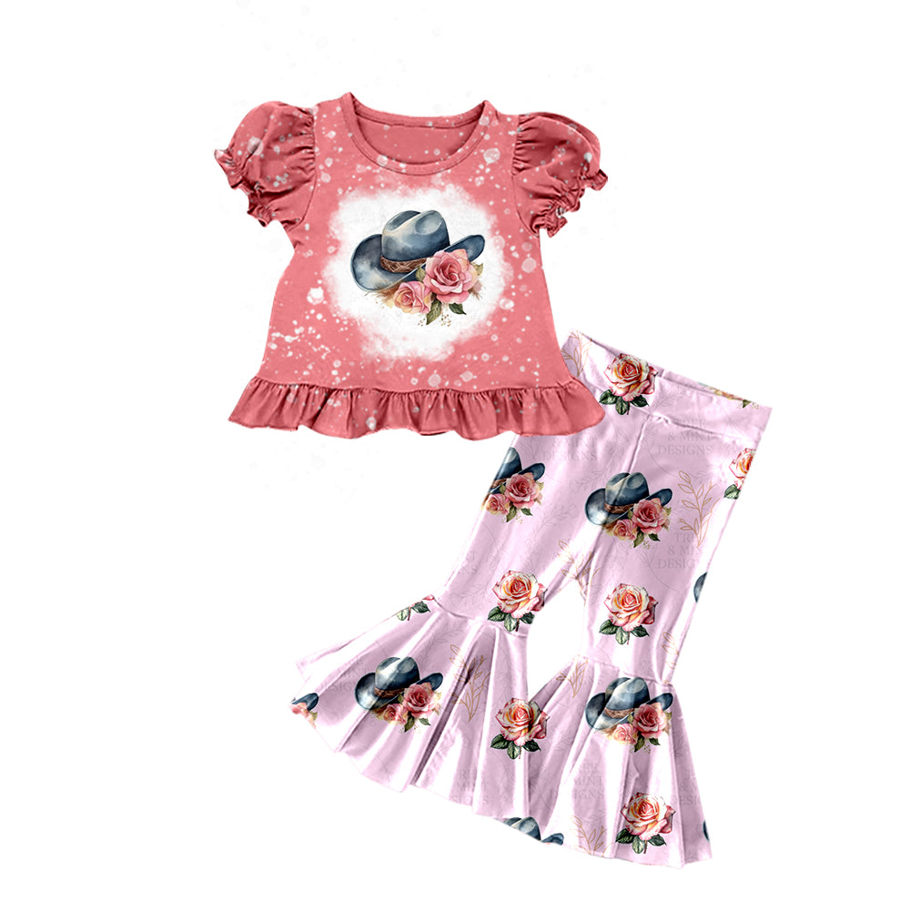 Baby Girls Pink Western Hats Shirts Top Bell Pants Clothes Sets Preorder(moq 5)