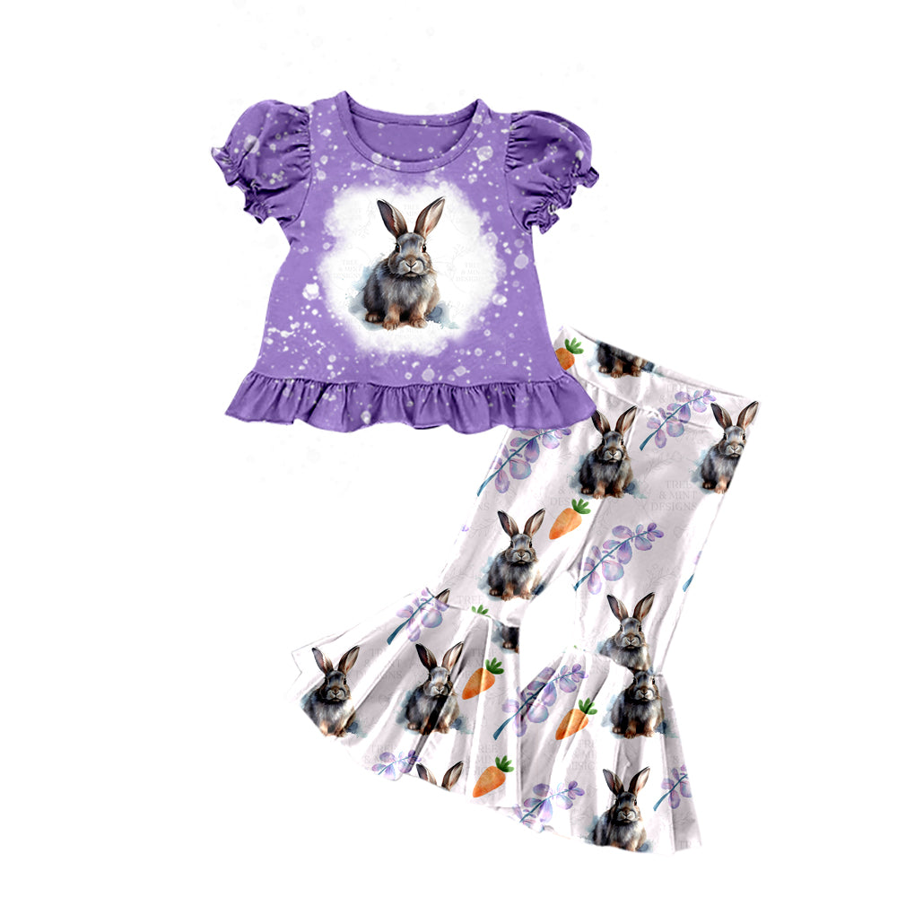 Baby Girls Easter Rabbit Purple Shirts Top Bell Pants Clothes Sets Preorder(moq 5)