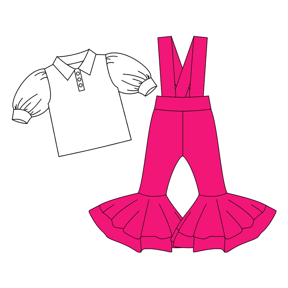 Preorder (moq 5)Baby Girls Button Shirts Top Hot Pink Bell Bottom Overalls 2 Piece Clothes Sets