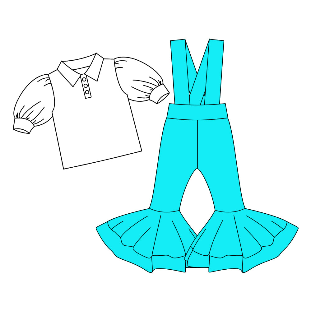 Preorder (moq 5)Baby Girls Button Shirts Top Sky Blue Bell Bottom Overalls 2 Piece Clothes Sets