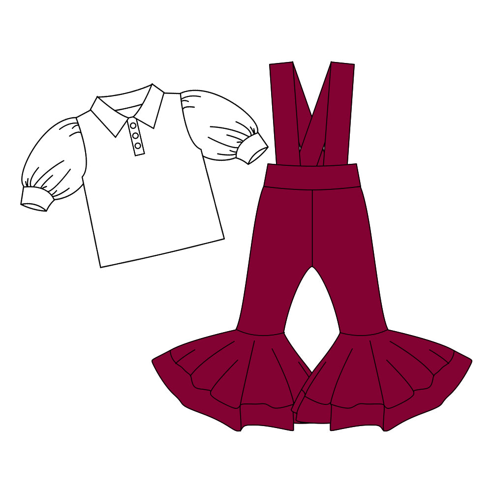 Preorder (moq 5)Baby Girls Button Shirts Top Dark Red Bell Bottom Overalls 2 Piece Clothes Sets