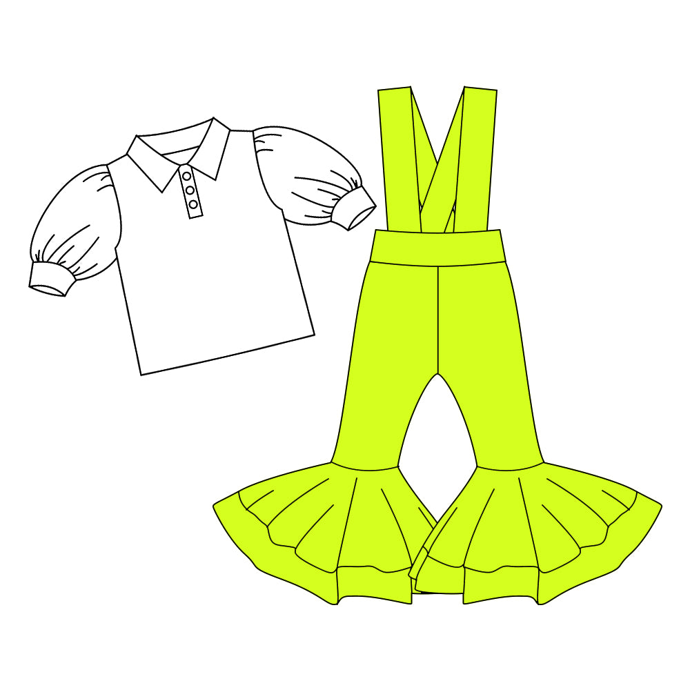 Preorder (moq 5)Baby Girls Button Shirts Top Aqua Bell Bottom Overalls 2 Piece Clothes Set