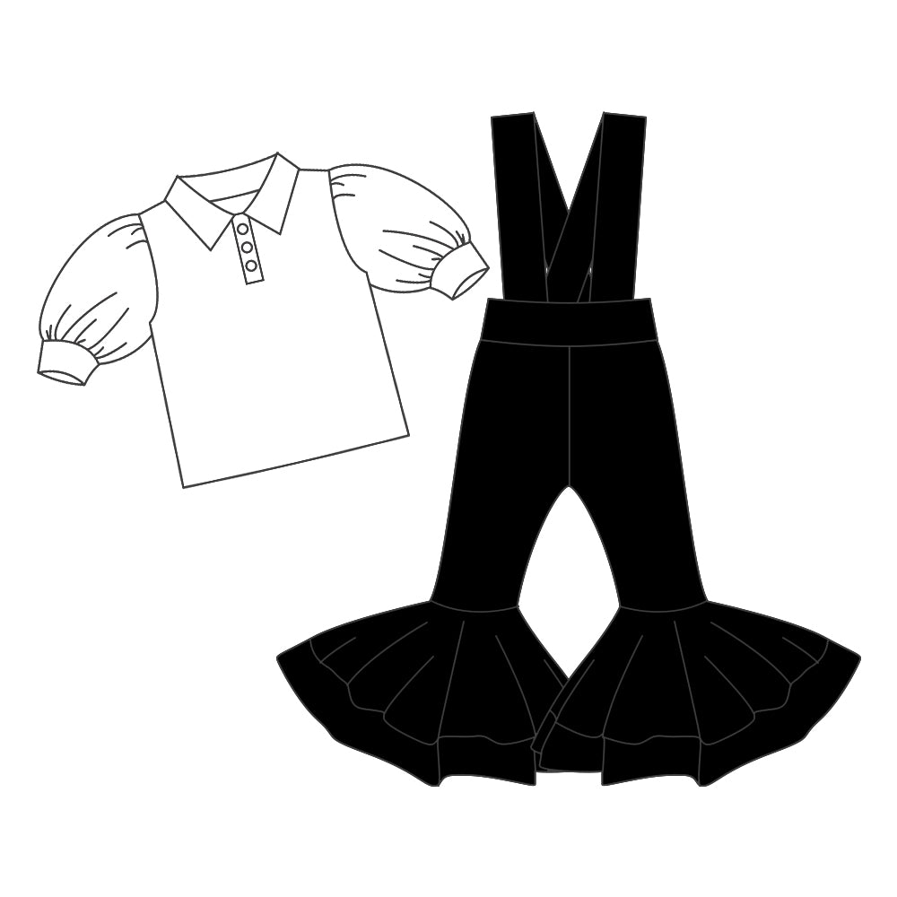 Preorder (moq 5)Baby Girls Button Shirts Top Black Bell Bottom Overalls 2 Piece Clothes Set