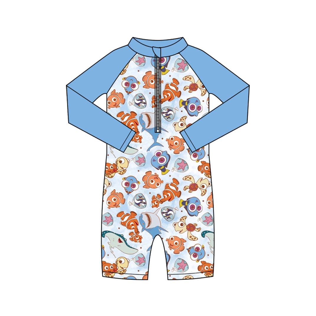 Preorder (moq 5)Baby Boys Long Sleeve Cartoon Fishes Zipper Pants Swimsuits