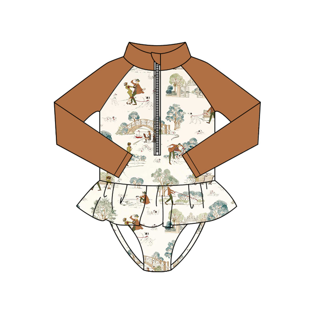Preorder (moq 5)Baby Girls Long Sleeve Dogs Park Zipper Ruffle Bummies Swimsuits