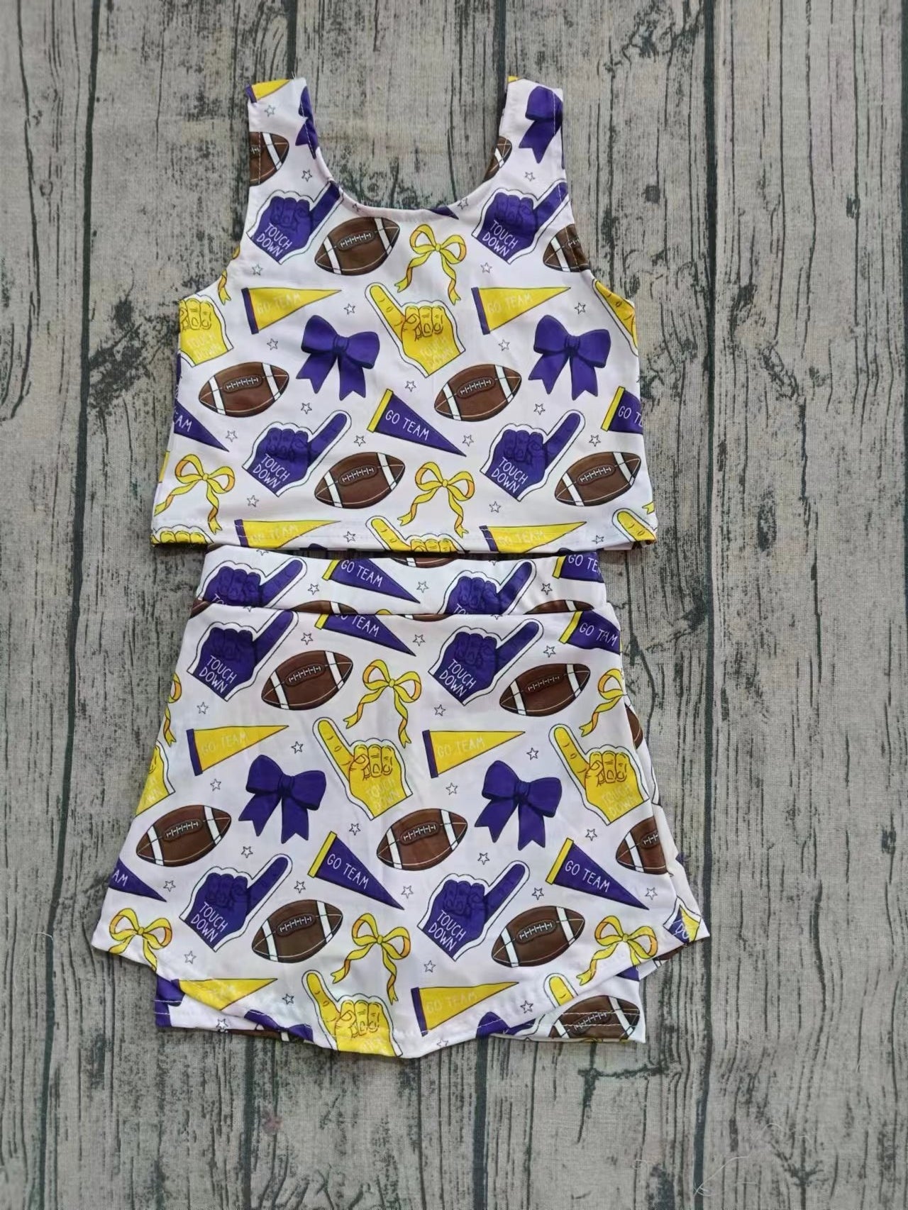 Preorder (moq 5)Baby Girls Sleeveless Purple Yellow Bows Cheer Team Top Skorts Team Sets