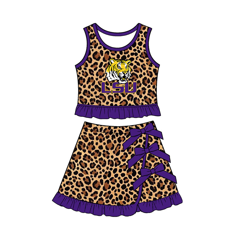 Preorder (moq 5) Baby Girls LSU Leopard Vest Bows Skirt Short Team Clothes Sets