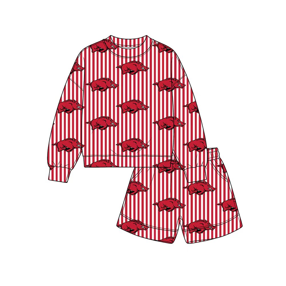 Preorder(moq 5)Baby Boys Long Sleeve Arkansas Stripes Top Pockets Shorts Team Sets