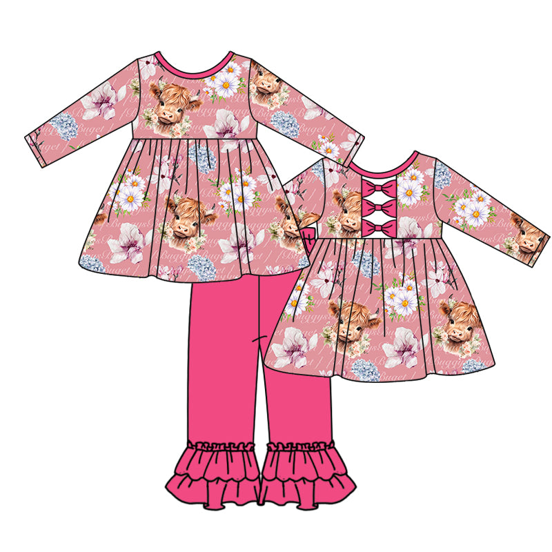 Baby Girls Wetern Highland Cow Flowers Top Ruffle Pants Clothes Sets preorder(moq 5)