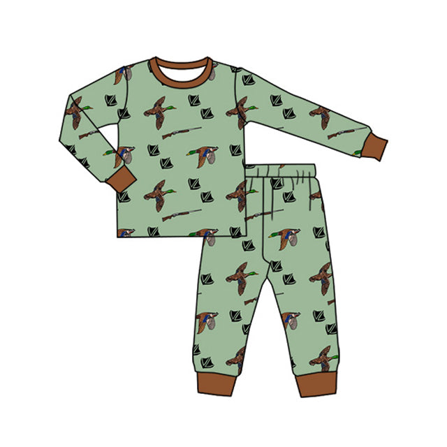 Preorder (moq 5)Baby Boys Long Sleeves Green Ducks Plaid Top Pant Pajamas Clothes Set