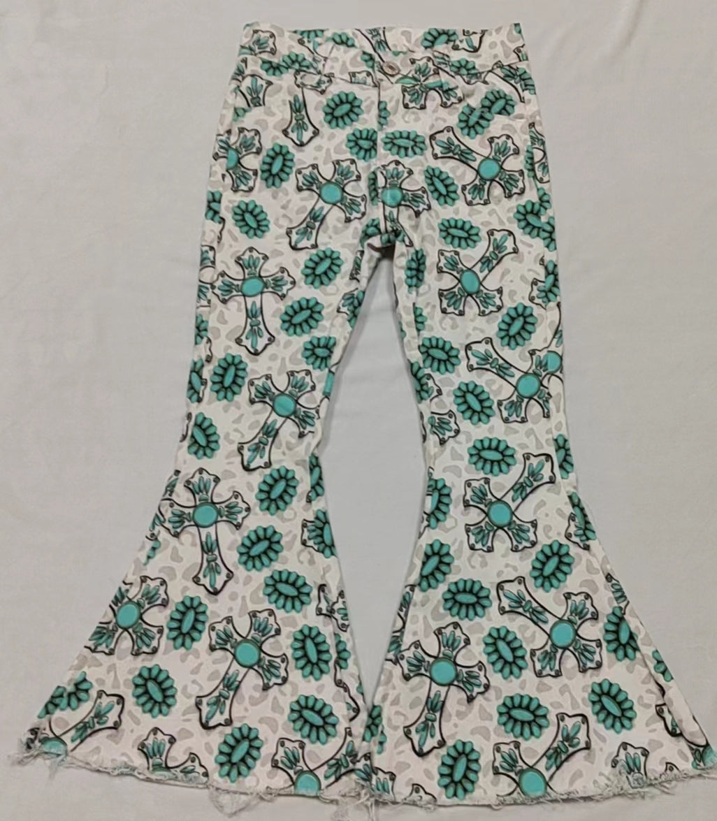 Baby Girls Easter Cross Turquoise Bell Flare Denim Pants Jeans