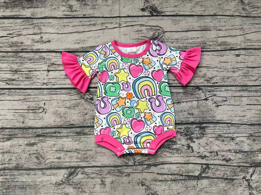 Baby Girls Pink St Patrick Day Rainbow Short Sleeve Rompers