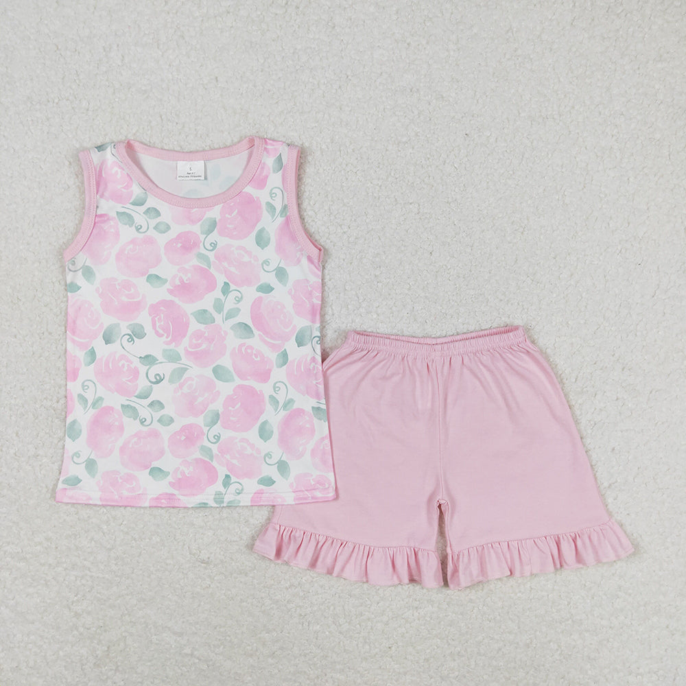 Baby Girls Pink Flowers Shirt Ruffle Shorts Clothes Sets