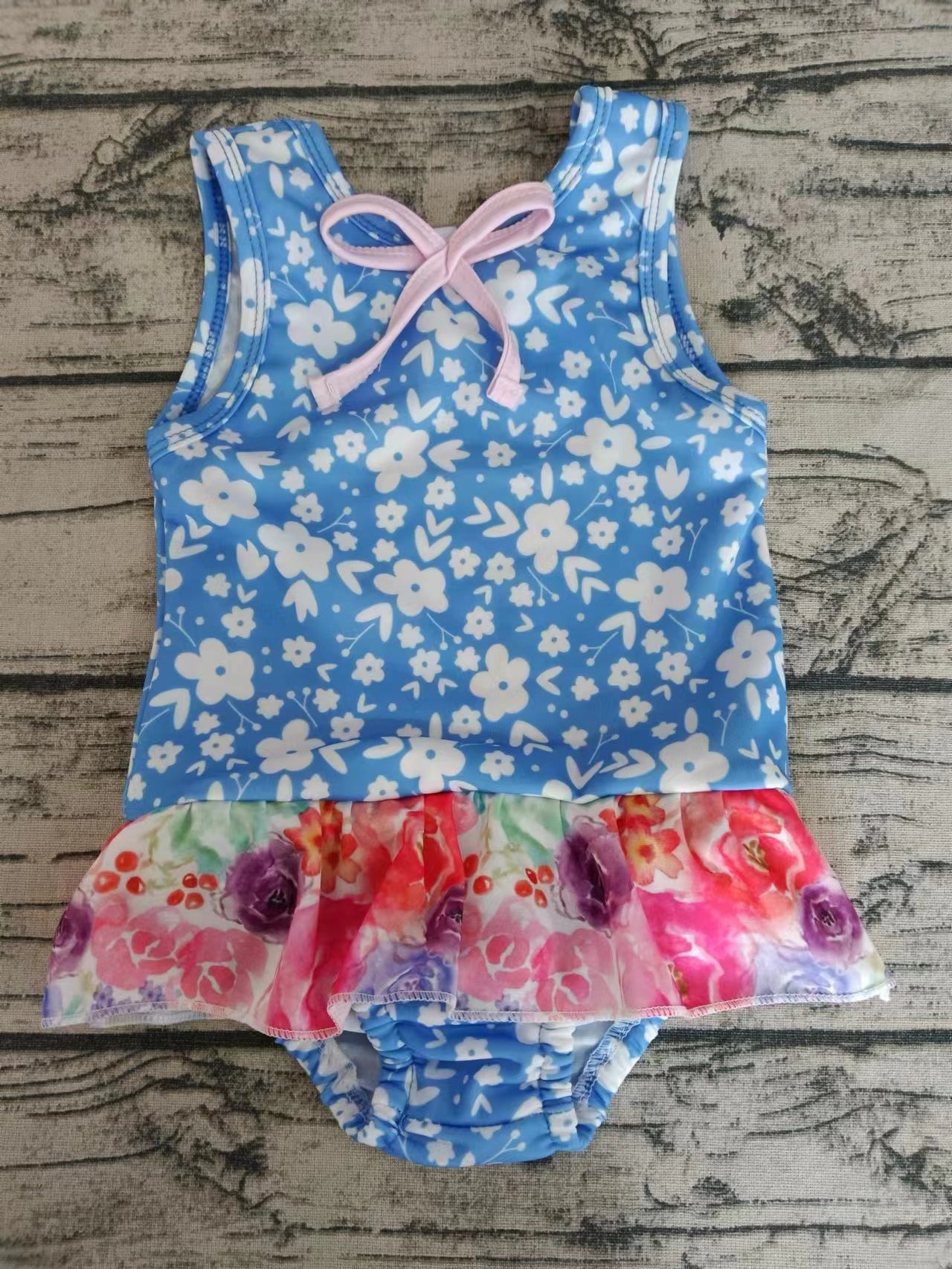 Baby Girls Blue Flowers Ruffle One Piece Swimsuits Sets preorder (moq 5)