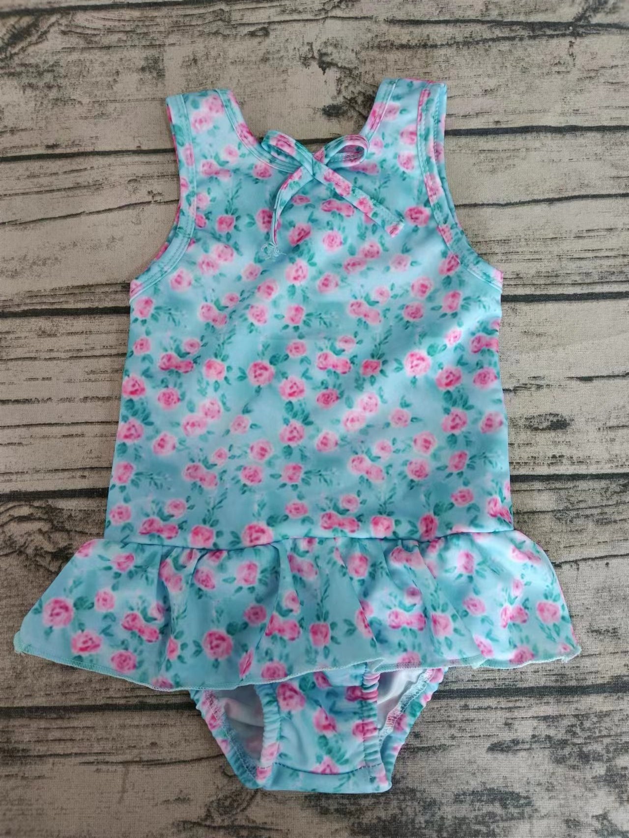 Baby Girls Blue Pink Flowers Ruffle One Piece Swimsuits Sets preorder (moq 5)