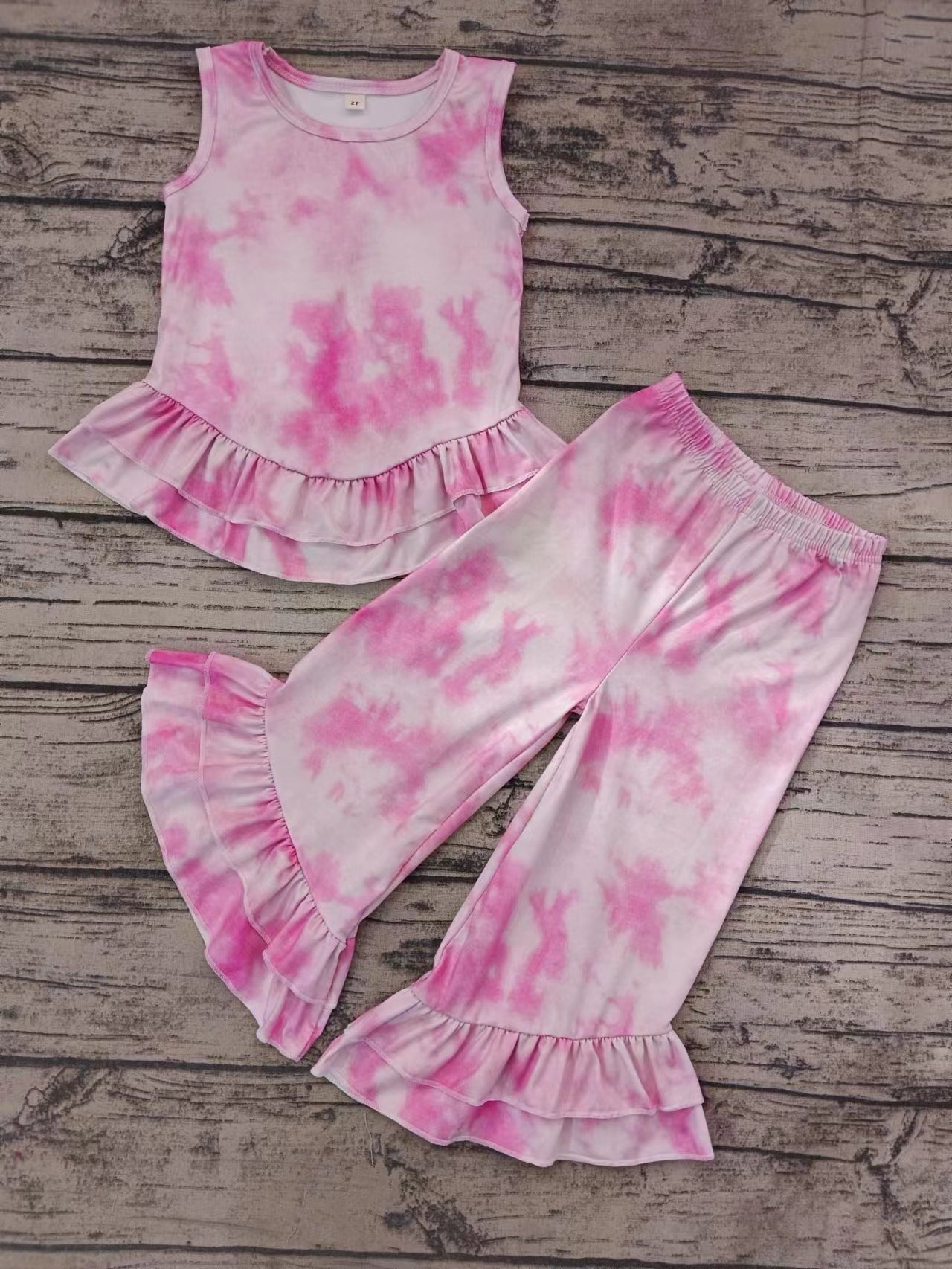 Baby Girls Tie Dye Pink Tunic Ruffle Bell Pants Clothes Sets preorder (moq 5)