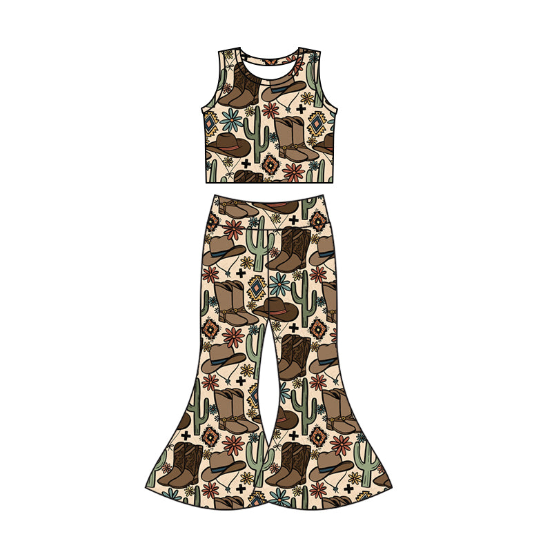 Baby Girls Western Boots Sleeveless Tops Flare Pants Clothes Outfits Sets preorder(moq 5)