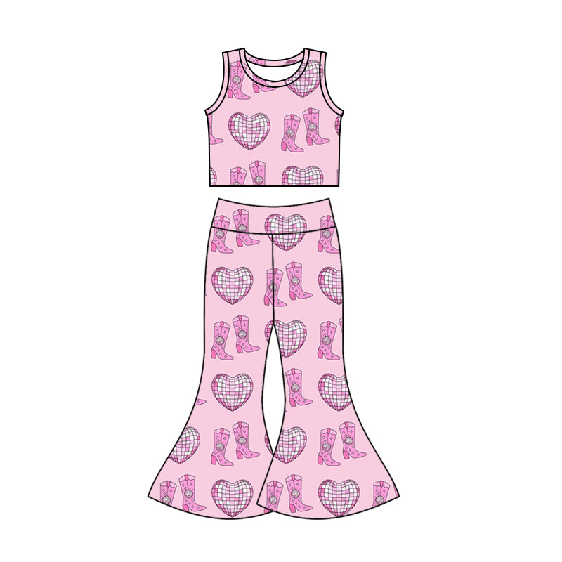 Baby Girls Western Boots Disco Sleeveless Tops Flare Pants Clothes Outfits Sets preorder(moq 5)