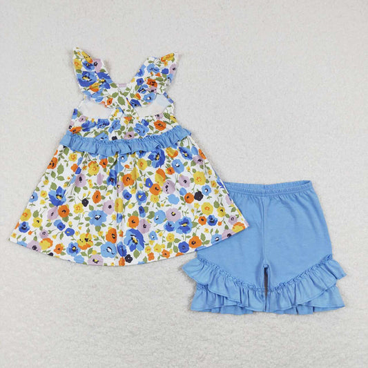 Baby Girls Blue Flowers Tunic Ruffle Shorts Outfits Clothes Sets