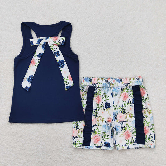 Baby Girls Navy Vest Bows Top Ruffle Floral Shorts Clothes Sets