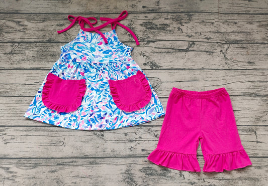 Baby Girls Pink Blue Grasses Straps Tunic Ruffle Shorts Clothes Sets